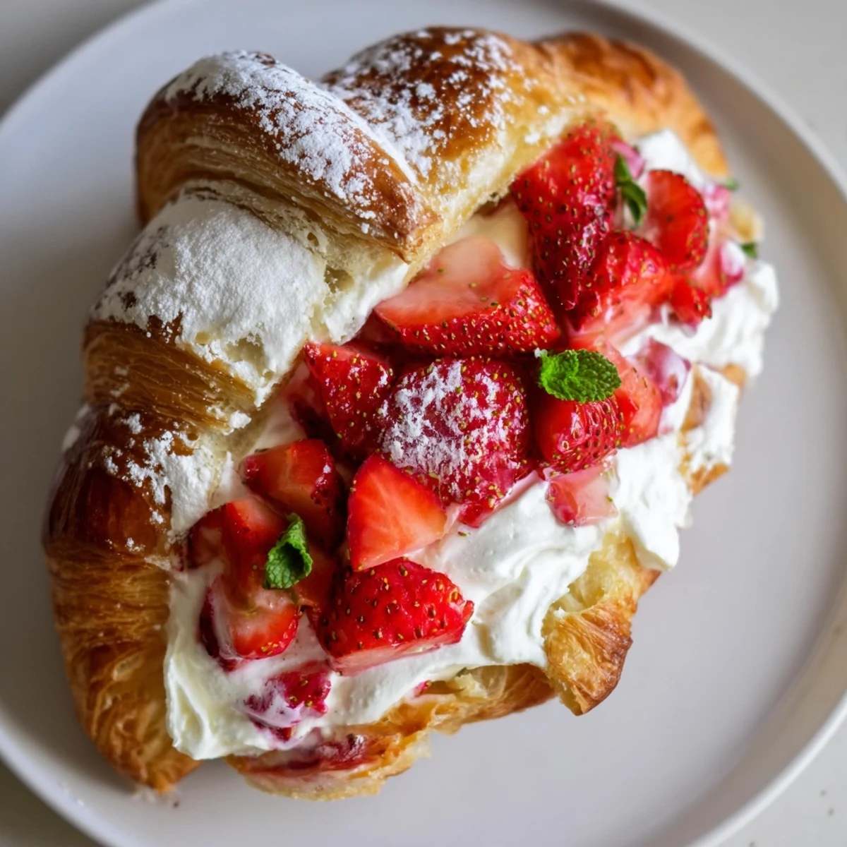 A flaky Strawberry Cream Croissant filled with vanilla cream and juicy strawberries on a marble plate.