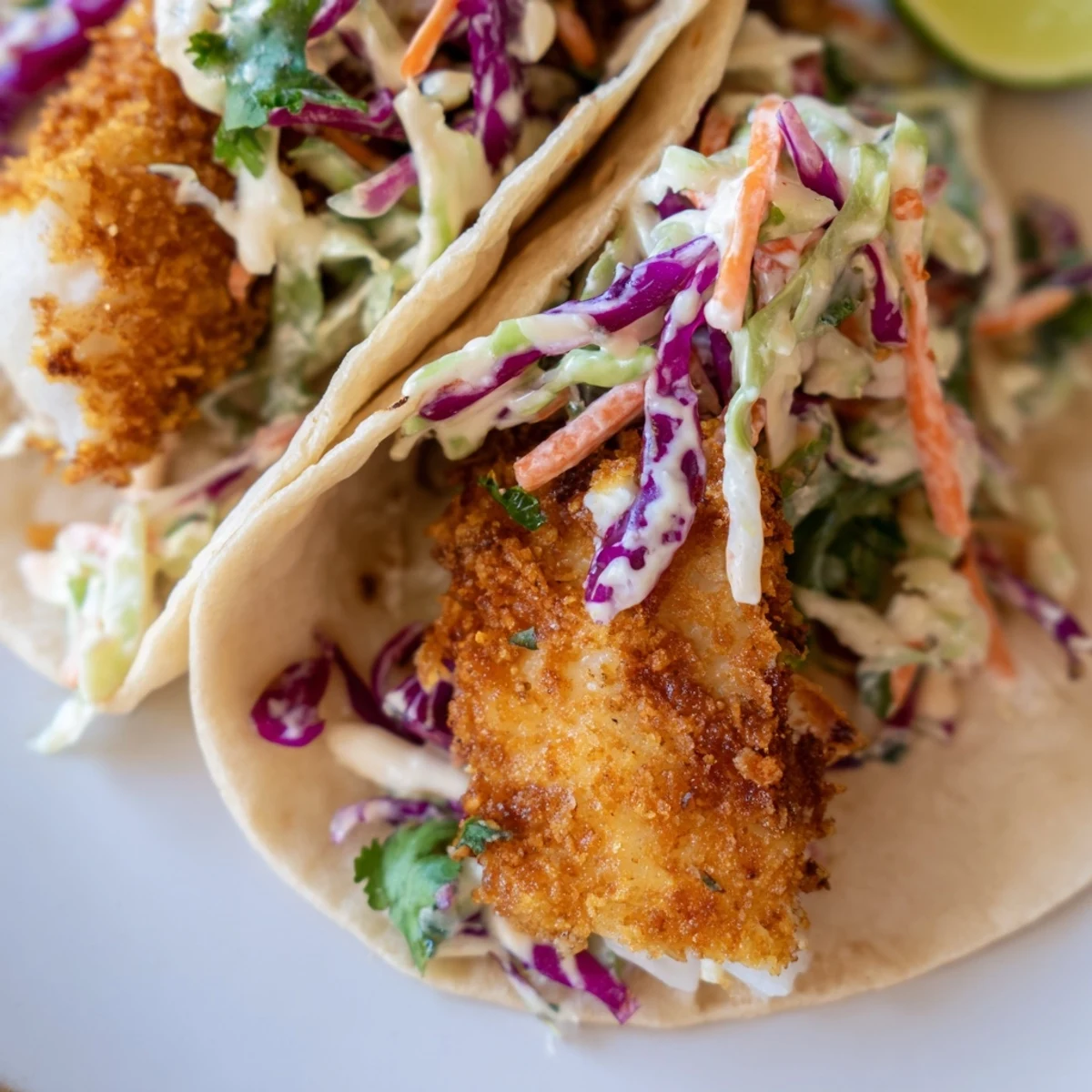 Homemade crispy fish tacos with zesty cabbage slaw and fresh lime wedges
