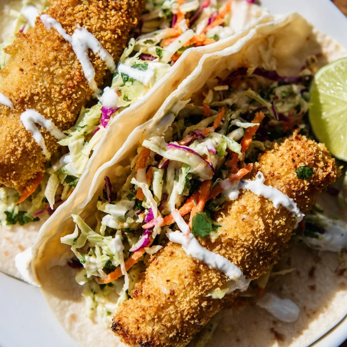Crunchy battered fish fillets in soft tortillas with vibrant cilantro lime coleslaw