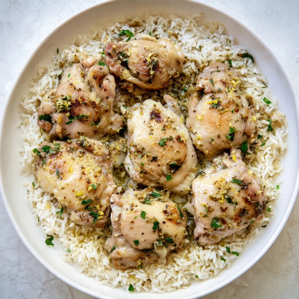 Tender slow cooker lemon herb chicken pieces resting atop a bed of fluffy white rice