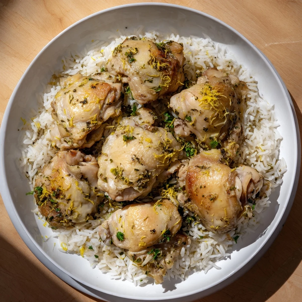 Juicy lemon herb slow cooker chicken drizzled with cooking juices over a plate of rice
