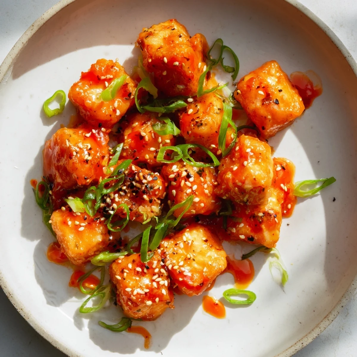 Golden crispy Bang Bang Salmon Bites coated in creamy spicy red sauce and sprinkled with fresh green chives