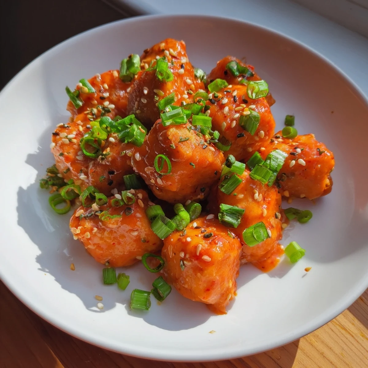 Crispy pan-fried salmon pieces drizzled with spicy mayonnaise Bang Bang sauce and garnished with chopped scallions