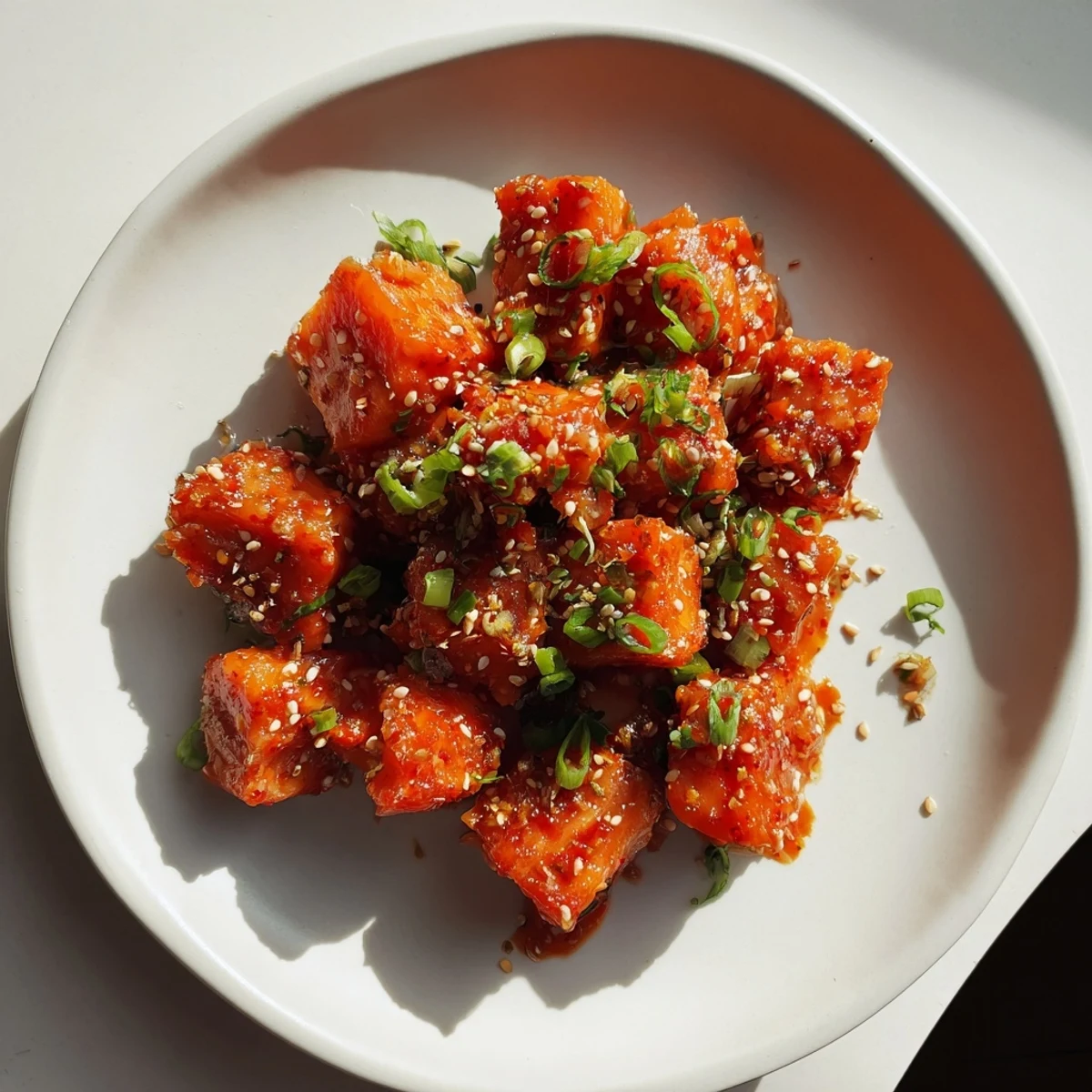 Tender fried salmon cubes tossed in sweet chili Bang Bang sauce served on a white platter with sesame seeds