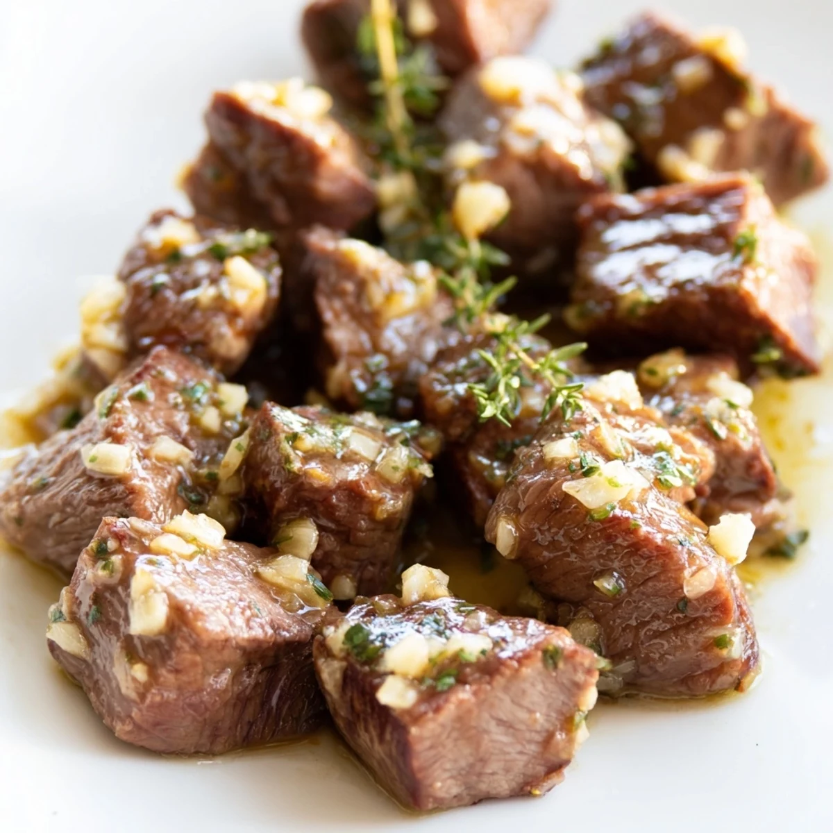 Golden brown garlic butter steak bites sizzling in a cast iron skillet with melted butter coating each tender cube perfectly