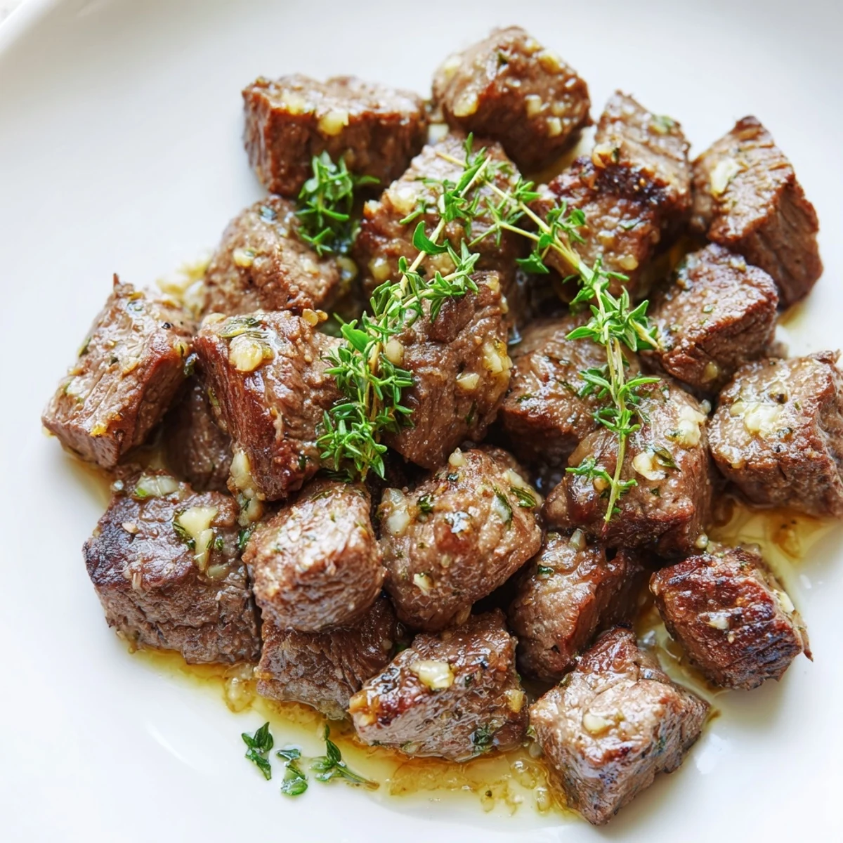 Savory steak pieces pan-fried until crispy on the outside then coated in rich garlic butter sauce with fresh herbs sprinkled on top