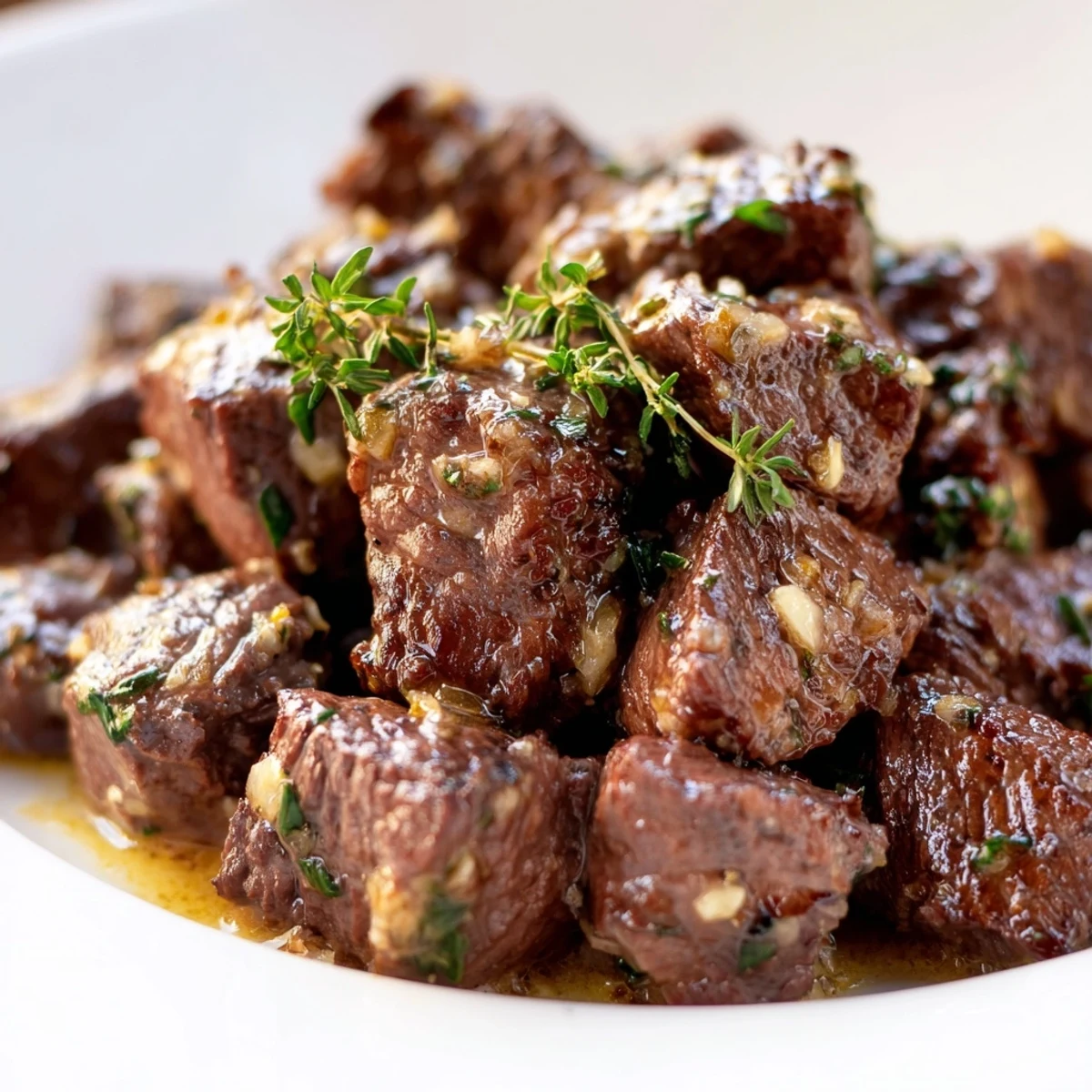 Juicy sirloin steak bites seared to medium-rare perfection and tossed in aromatic garlic butter sauce with fresh parsley garnish