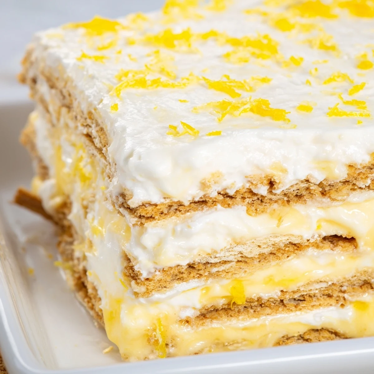 Golden glazed no bake lemon eclair cake with creamy lemon pudding layers between honey graham crackers