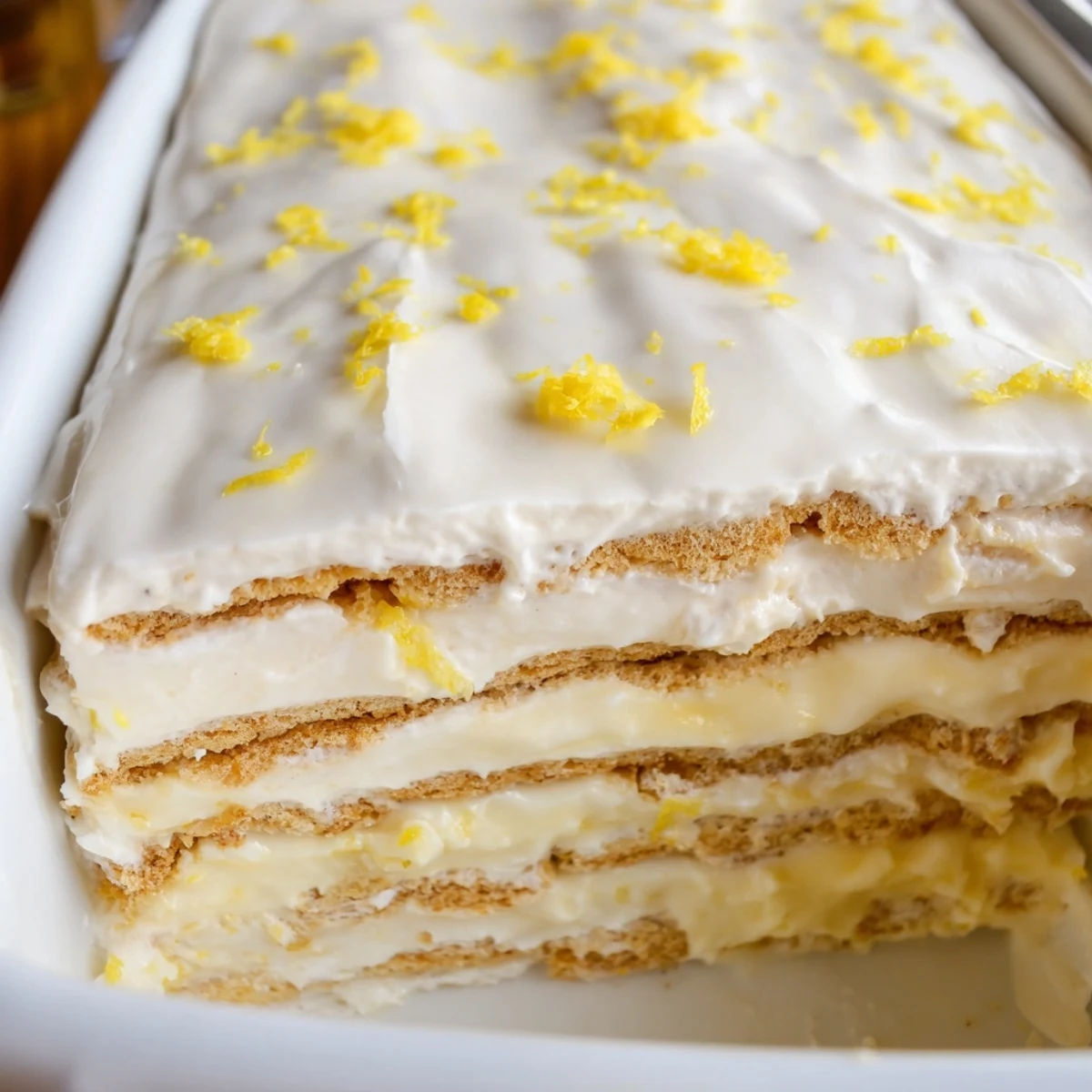 Chilled no bake lemon eclair cake sliced square showing whipped lemon cream and graham cracker layers