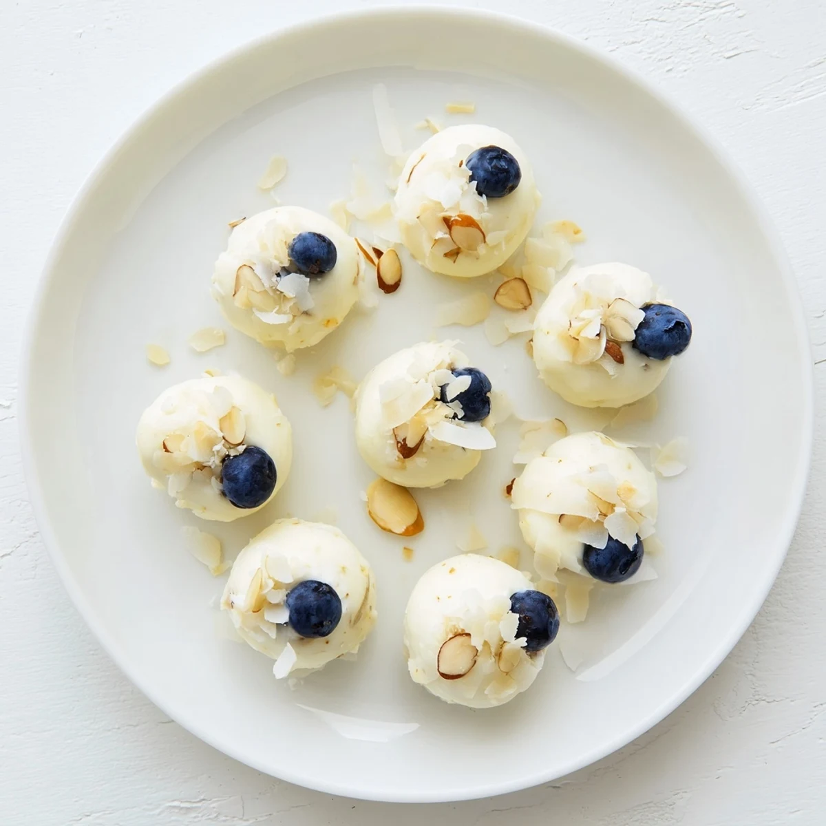 Frozen blueberry Greek yogurt bites arranged on a baking sheet with fresh blueberries nestled into creamy yogurt mounds