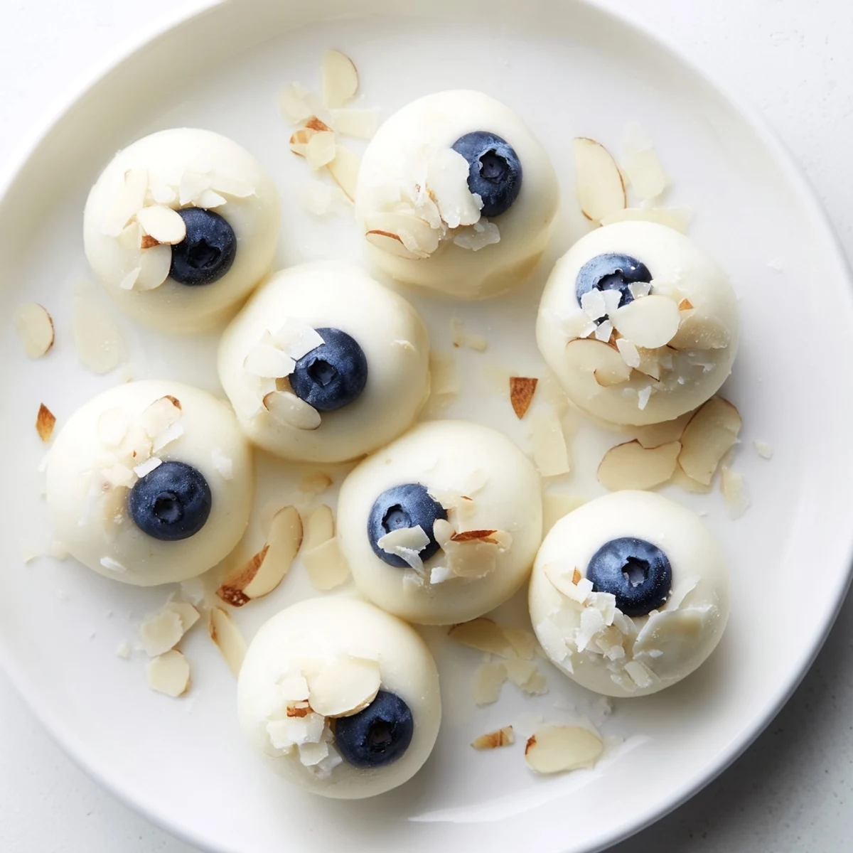 Close up of frozen Greek yogurt snack bites with plump blueberries and chopped nut garnish on a white plate