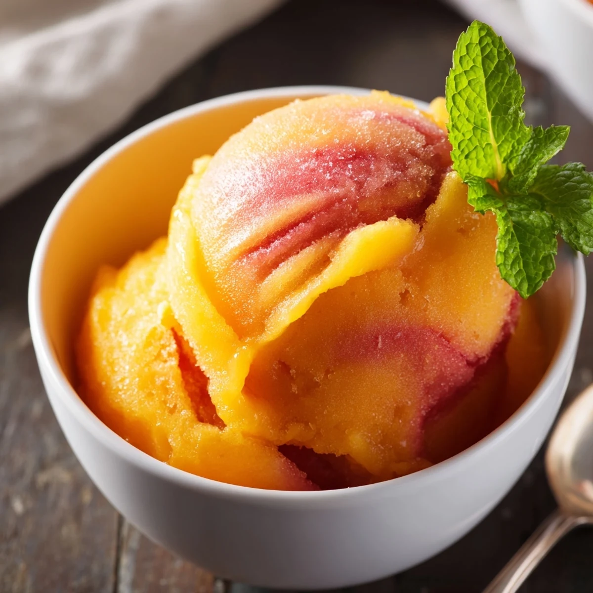 Vibrant mango strawberry sorbet scoop in a chilled bowl with fresh mint garnish