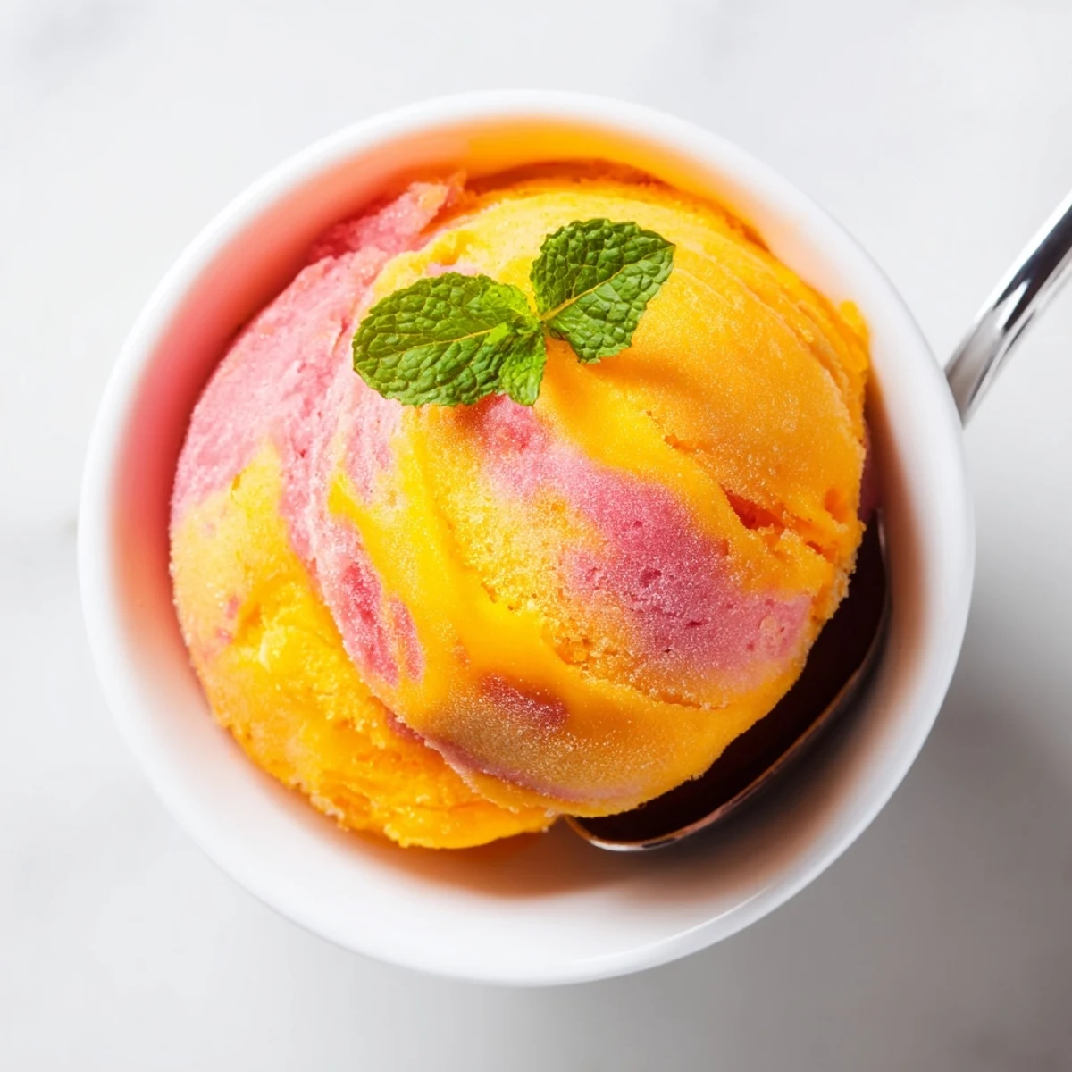 Refreshing mango strawberry sorbet served in decorative glass bowl with fresh fruit toppings