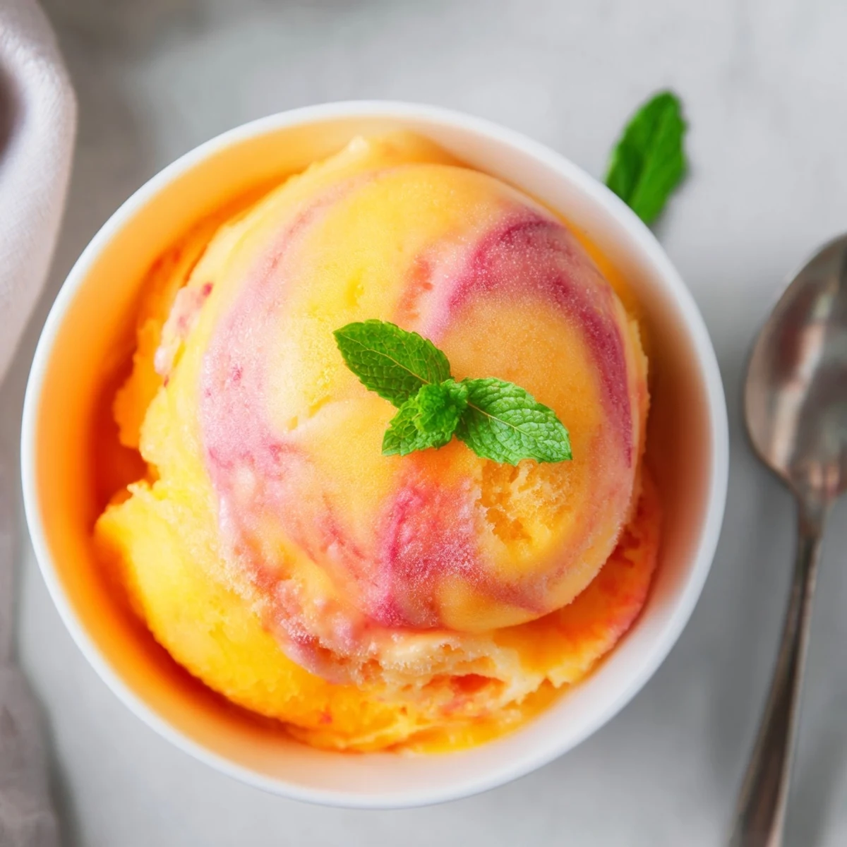 Creamy mango strawberry sorbet with smooth texture and bright yellow-orange pink hue