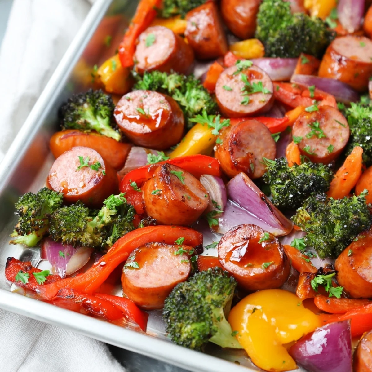 Golden roasted kielbasa and colorful vegetables coated in a sticky honey garlic glaze on a baking sheet