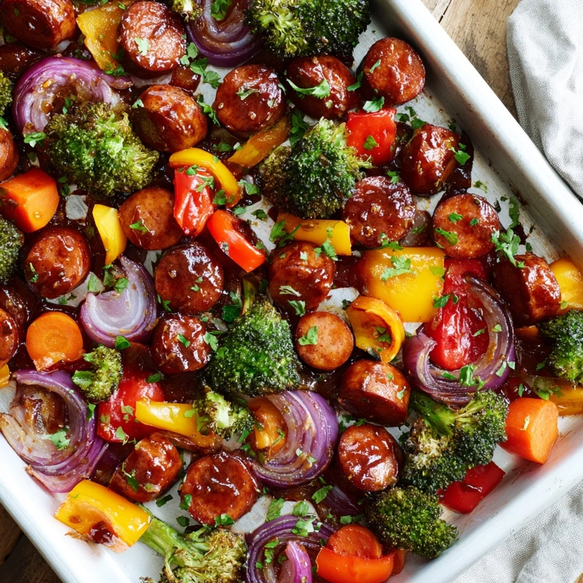 One pan honey garlic kielbasa dinner featuring caramelized broccoli, bell peppers, and red onion roasted until tender