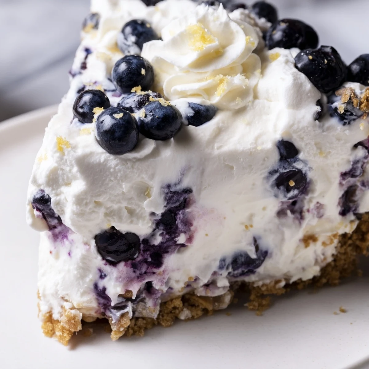 Slice of light and refreshing no bake lemon blueberry cream cake with vibrant lemon zest garnish