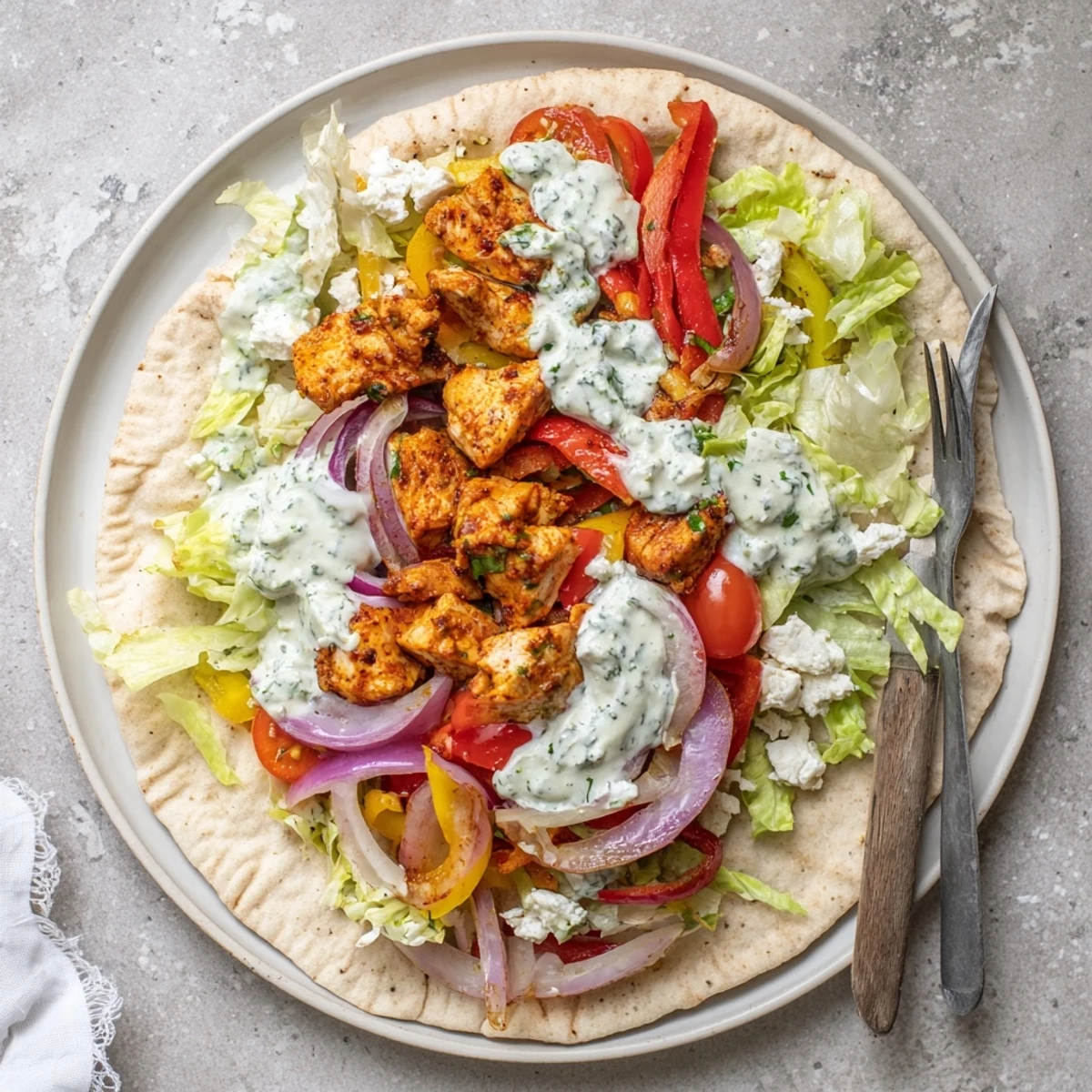 Golden sheet pan chicken pitas stuffed with roasted vegetables and creamy herby ranch sauce