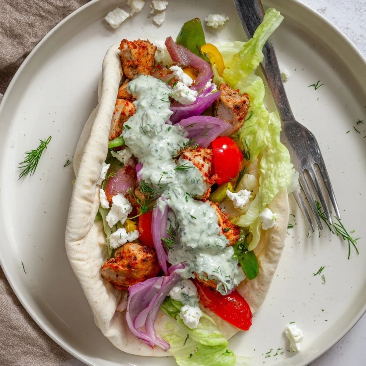 Warm pita bread filled with juicy spiced chicken and colorful charred Mediterranean vegetables