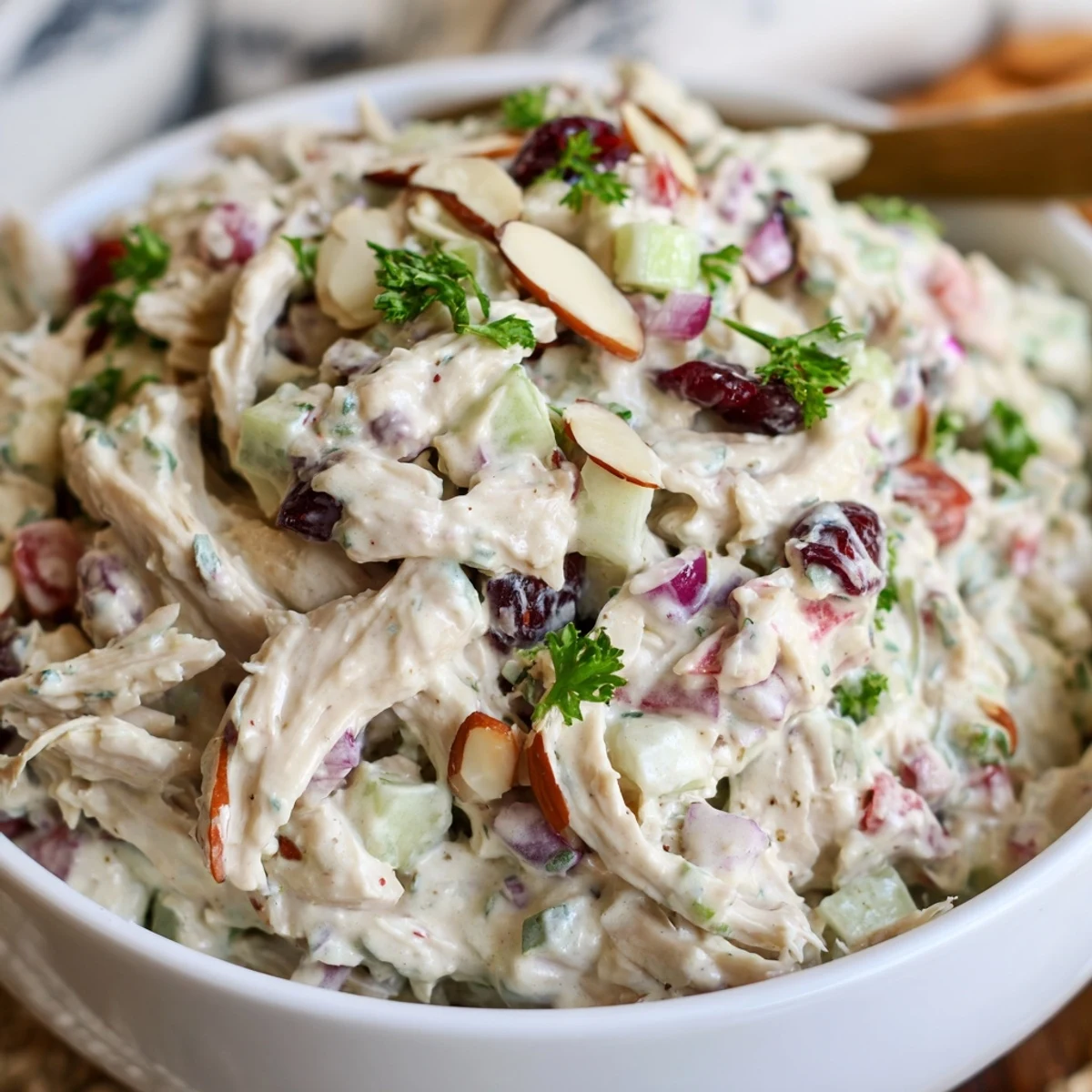 Healthy Greek yogurt rotisserie chicken salad featuring tender shredded chicken, crunchy vegetables, and light tangy dressing
