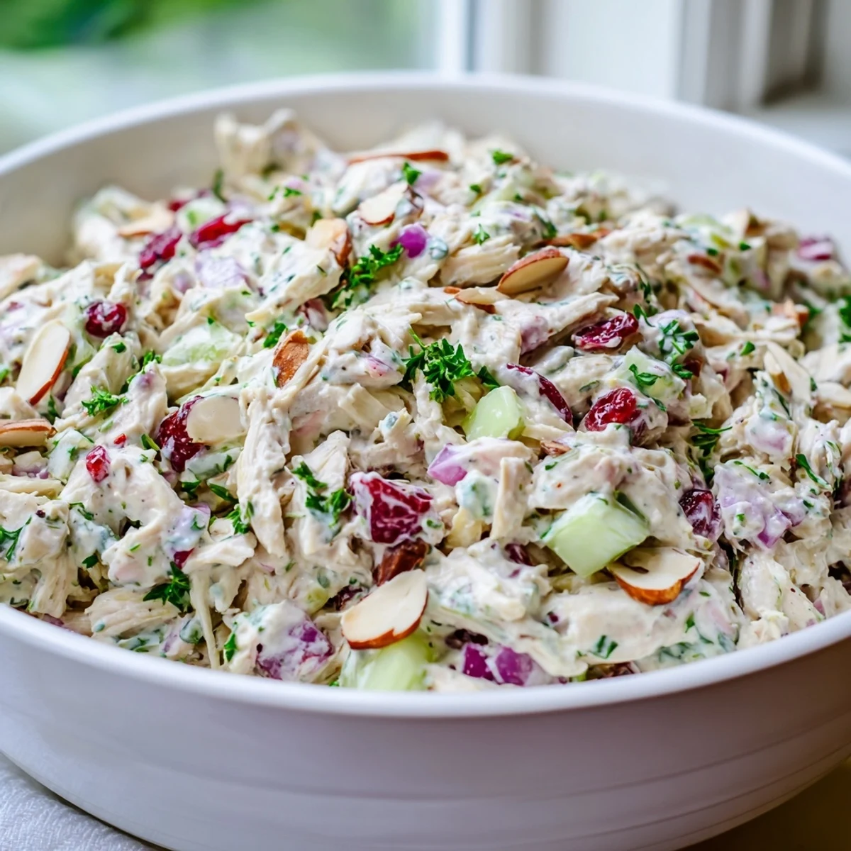 Protein-packed Greek yogurt rotisserie chicken salad bowl topped with colorful diced vegetables and optional sliced almonds