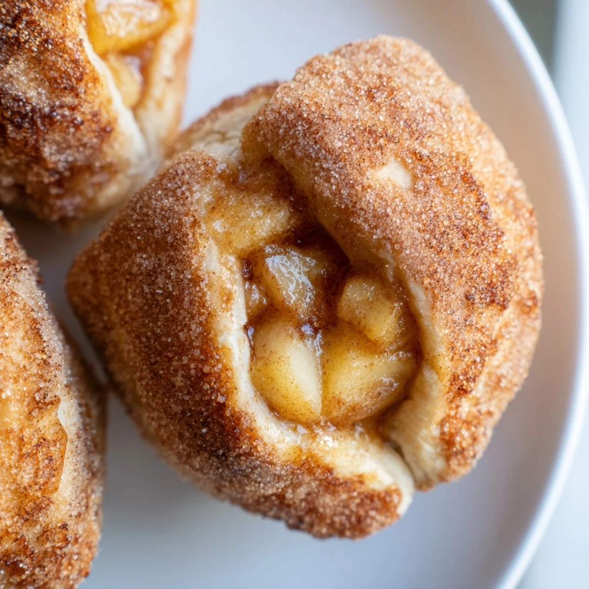 Warm homemade caramel apple pie bombs drizzled with extra caramel sauce on white plate