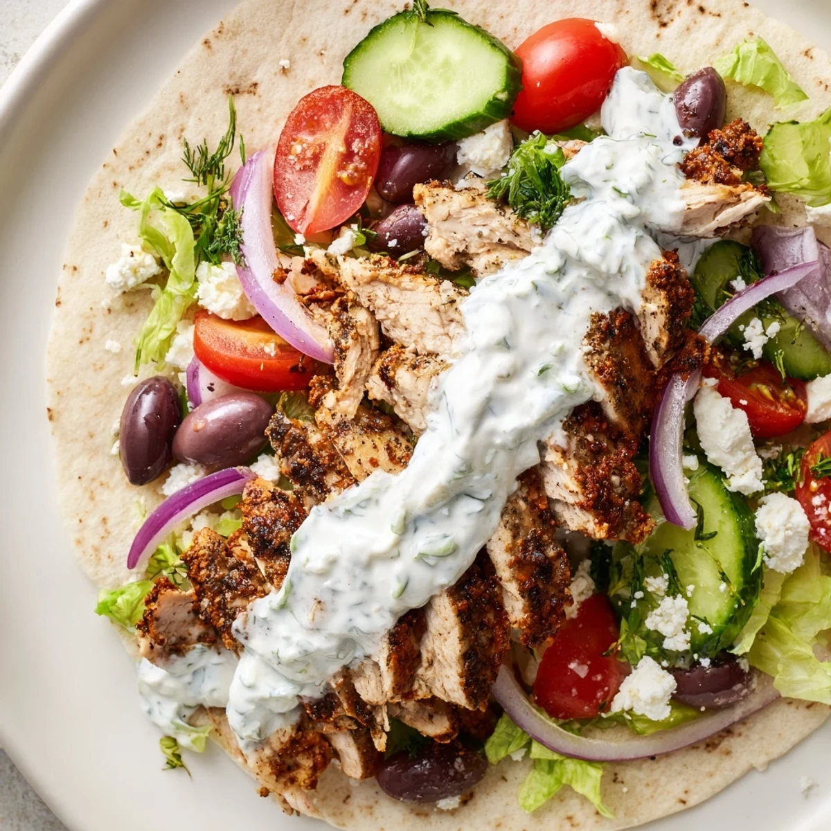 Golden grilled chicken tucked in soft tortillas topped with fresh Mediterranean vegetables and crumbled feta cheese