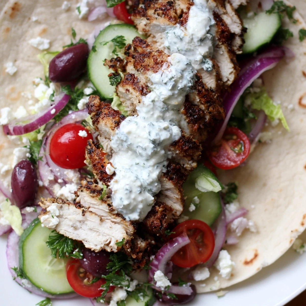 Quick Mediterranean chicken tacos piled high with crisp cucumber tomatoes olives and creamy yogurt sauce