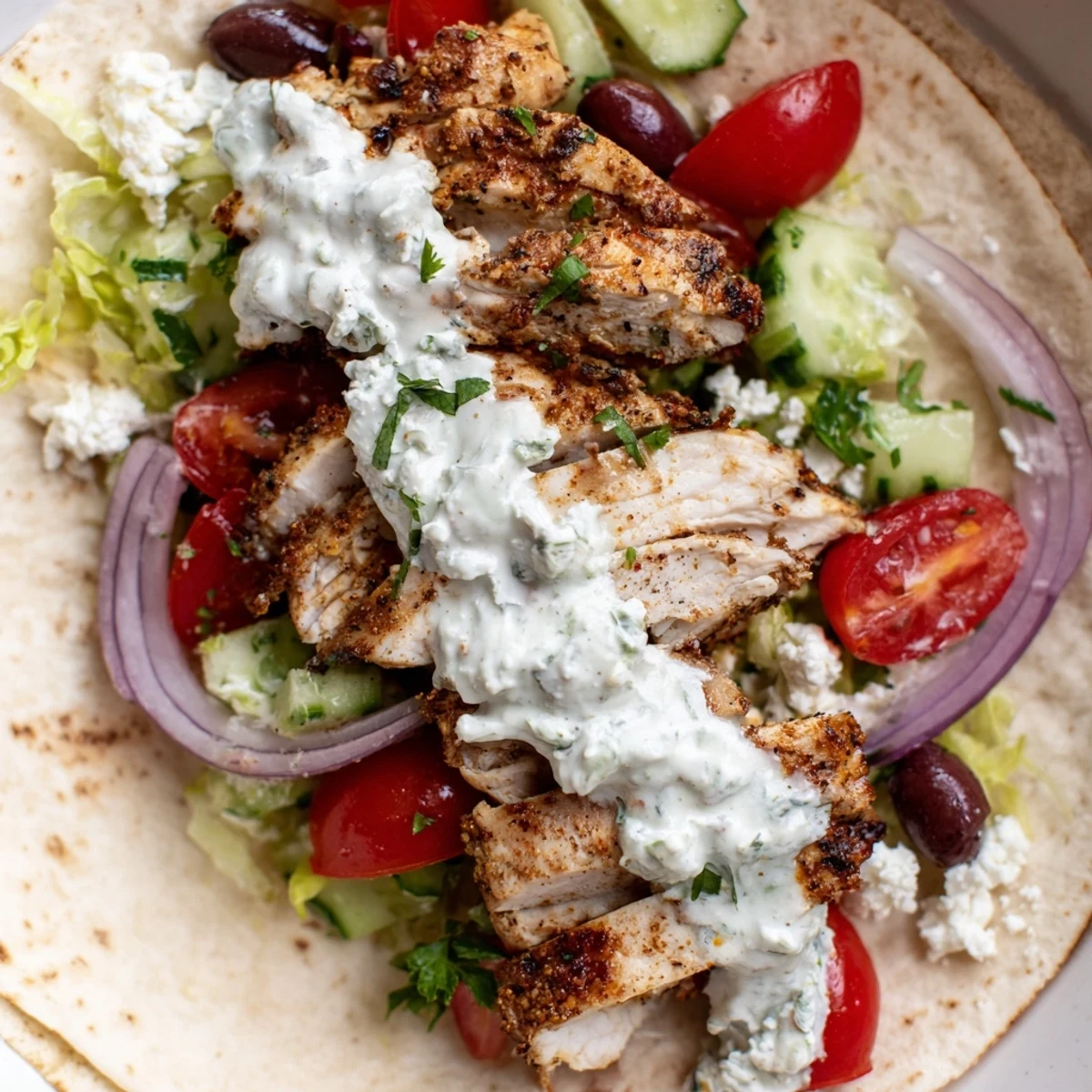Sliced spiced chicken breasts nestled in warm tortillas with zesty yogurt sauce and colorful veggie toppings