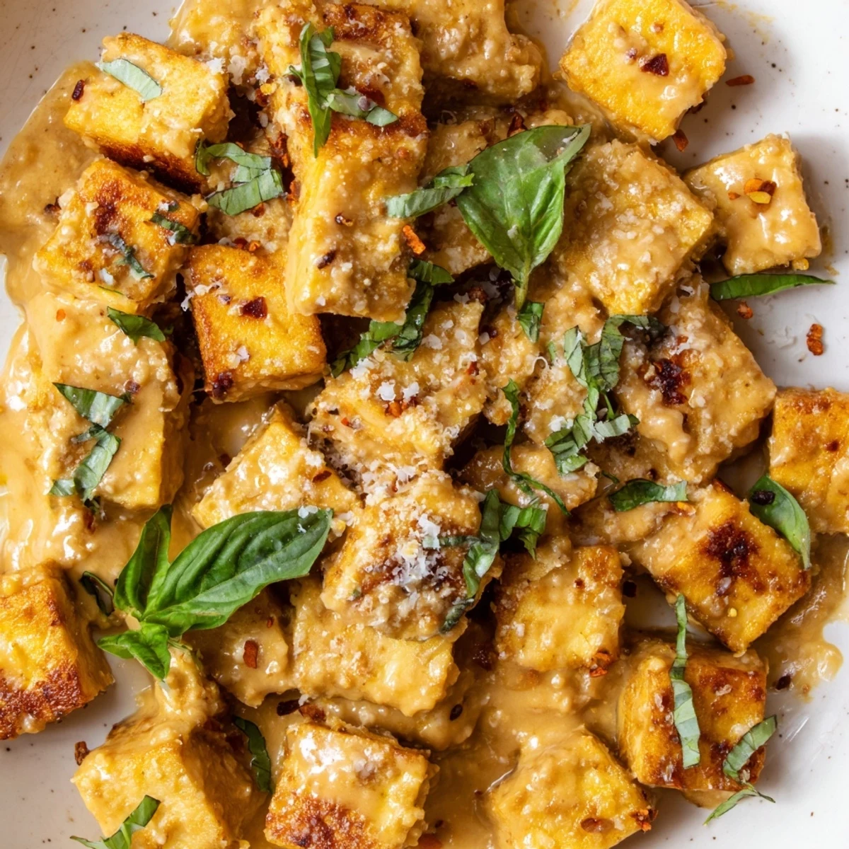 Golden crispy tofu cubes swimming in rich sun-dried tomato garlic cream sauce with fresh basil garnish