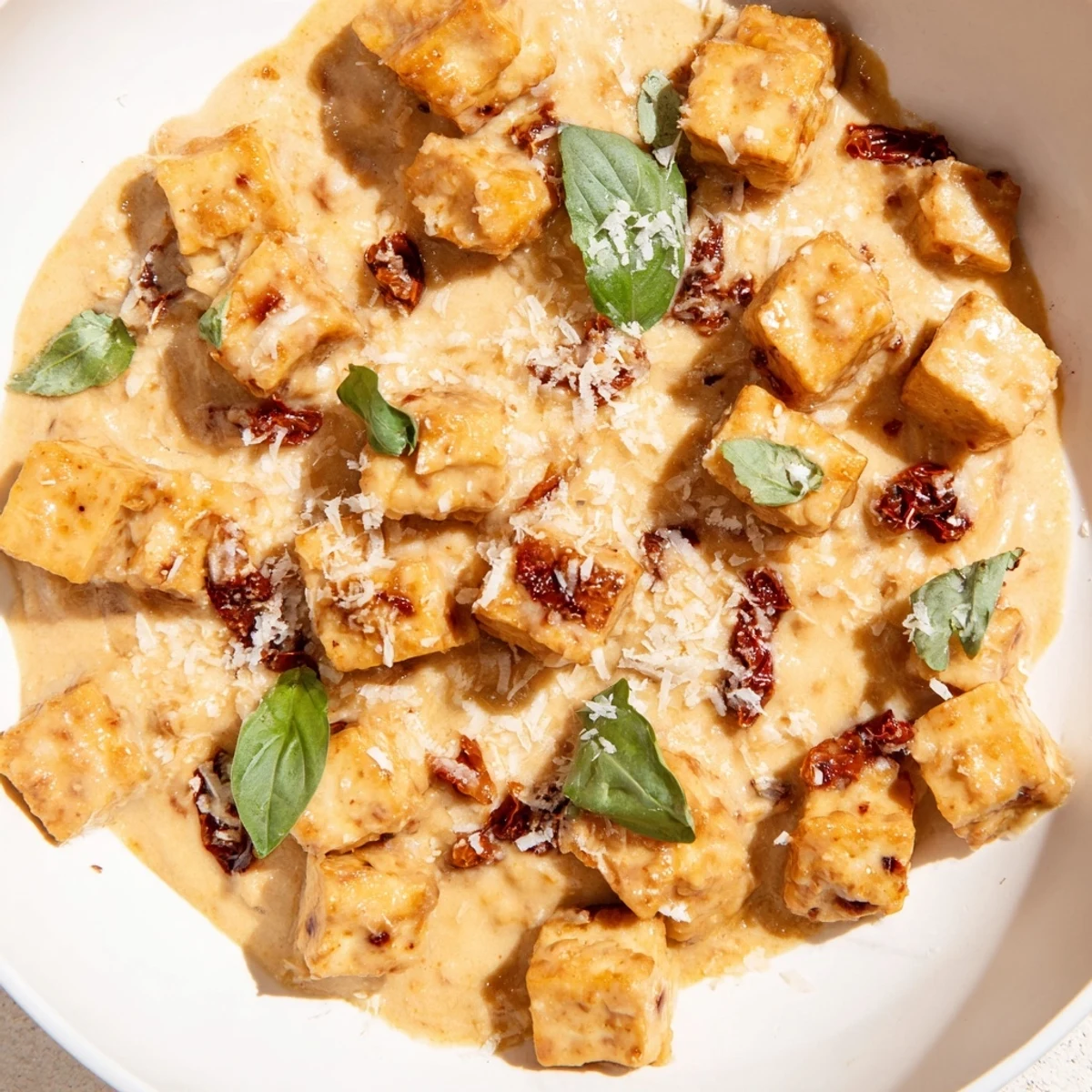 Creamy Marry Me Tofu served piping hot with red pepper flakes and vegan parmesan on white plate