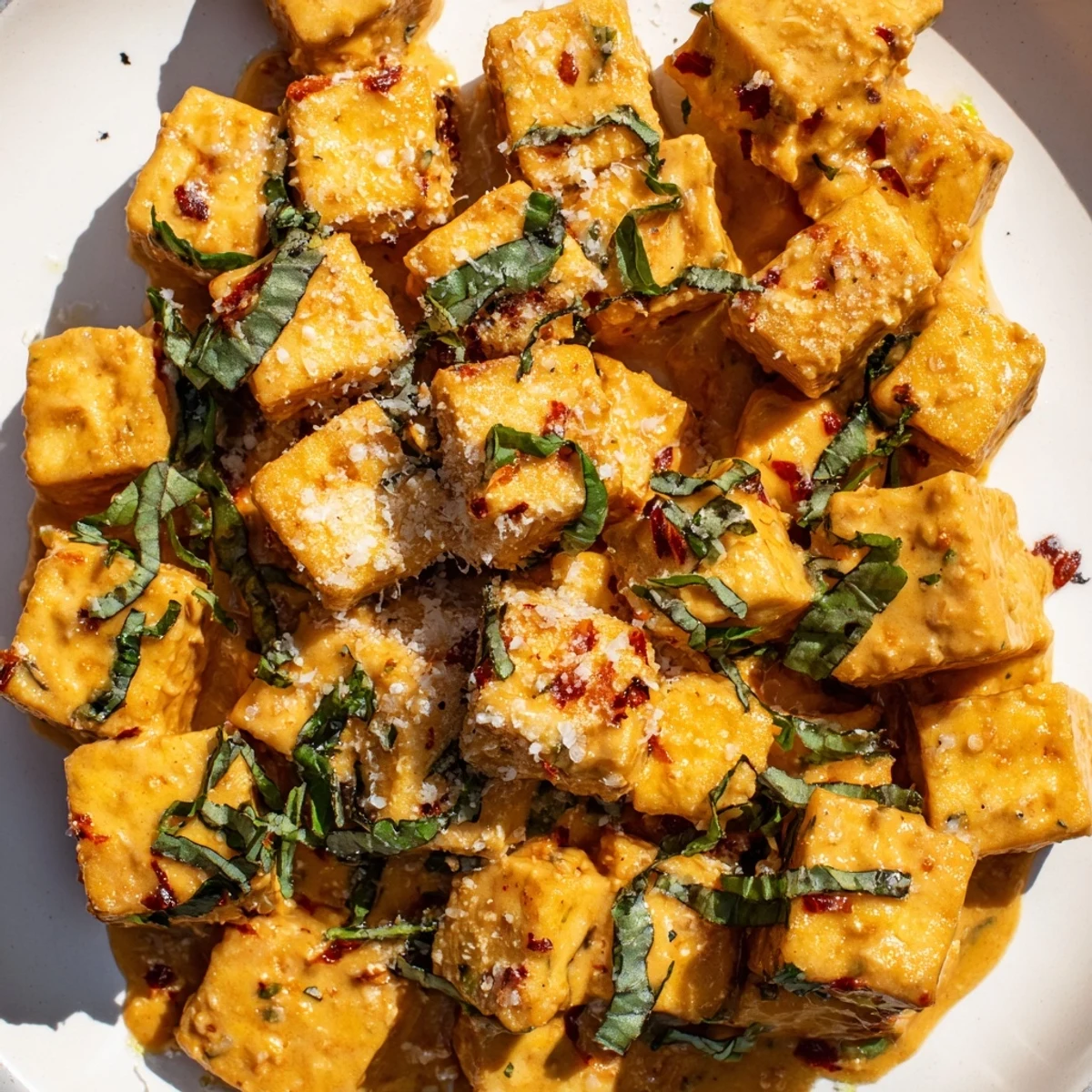 Plant-based crispy tofu coated in savory Italian herb cream sauce with sun-dried tomatoes and fresh basil sprinkle