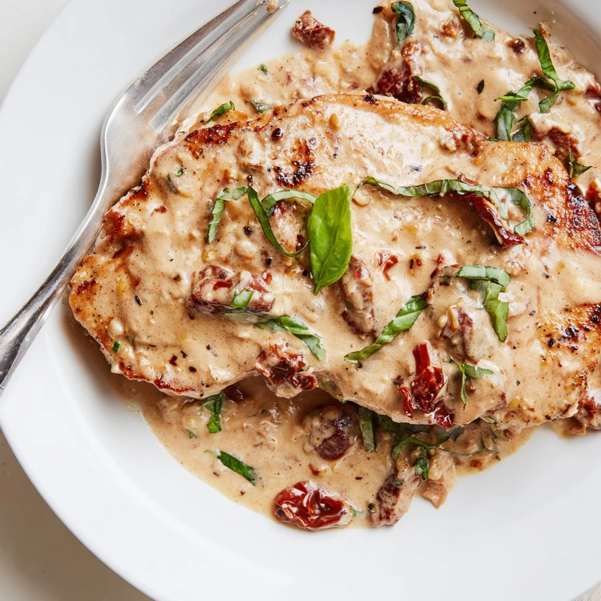 Golden brown Marry Me pork chops resting in creamy sun-dried tomato parmesan sauce with fresh basil garnish