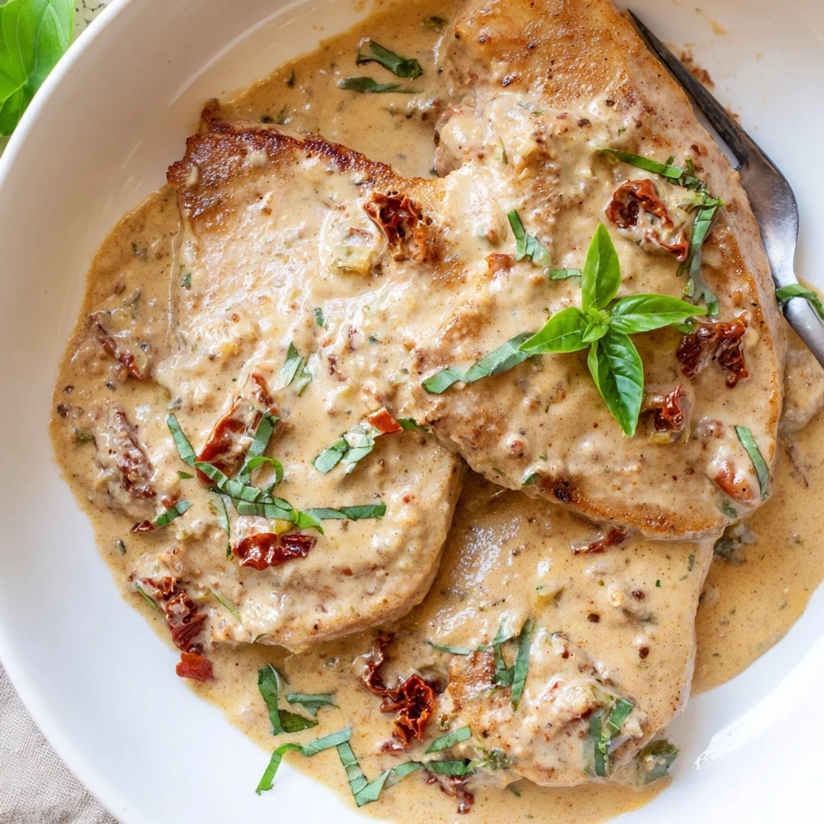 Tender boneless pork chops simmered in rich garlic parmesan sauce with chopped sun-dried tomatoes