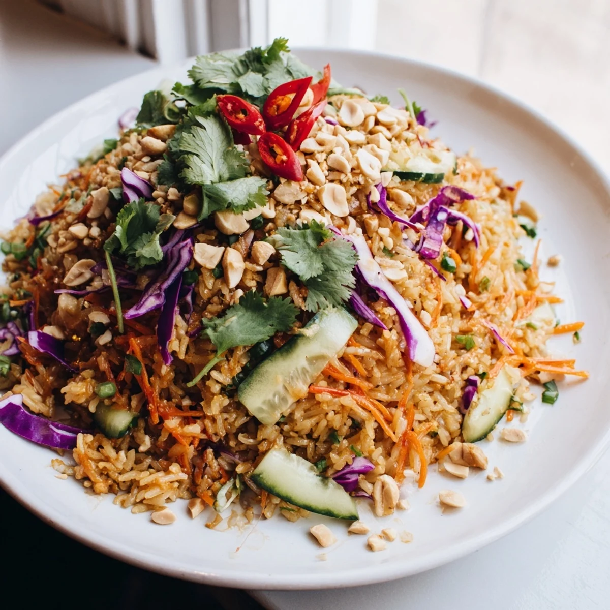 Colorful crispy rice salad with peanut sesame dressing featuring fresh vegetables and crunchy toppings