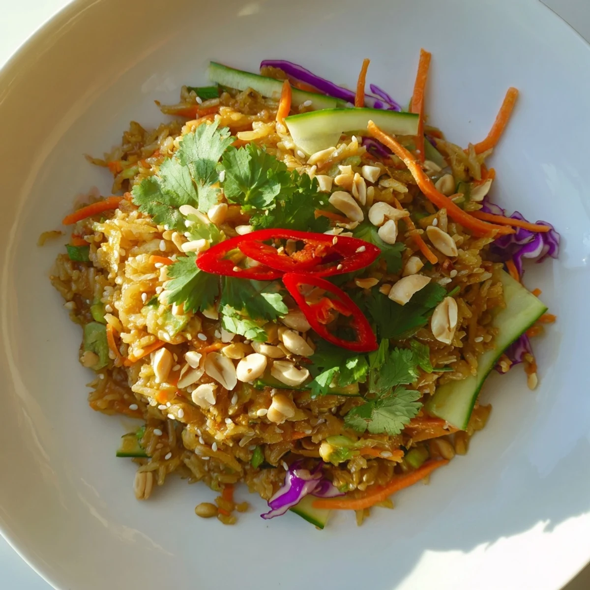 Golden fried rice bowl topped with vibrant shredded veggies and creamy peanut sesame dressing