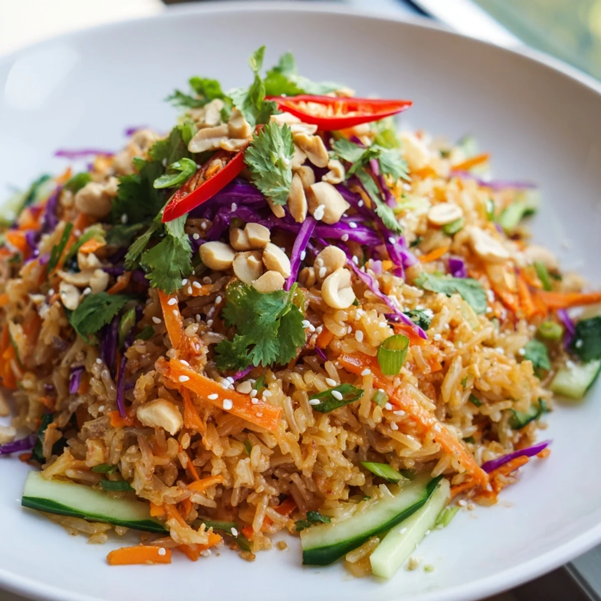 Fresh Asian-inspired crispy rice salad with peanut sesame dressing served in white bowl