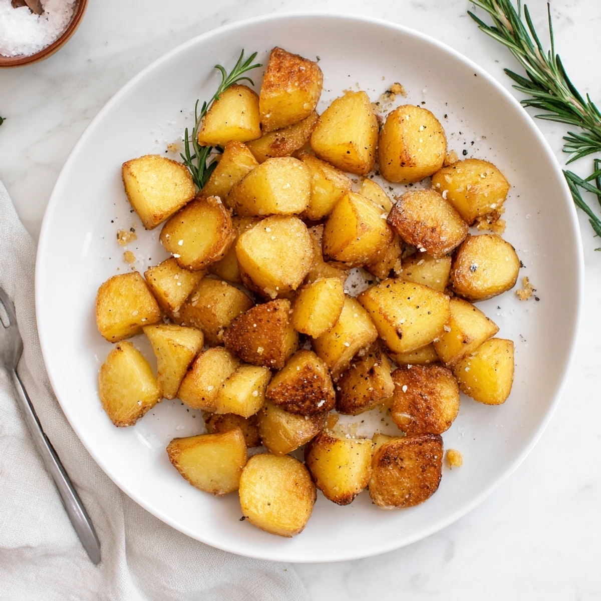 Baking tray full of homemade roast potatoes browned to perfection with rosemary and garlic