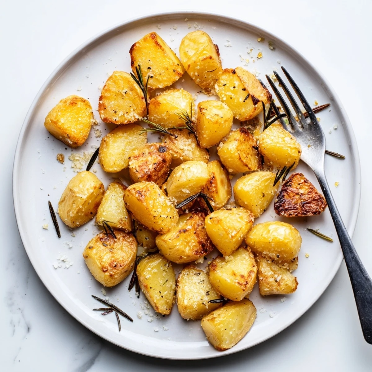 Homemade roast potatoes arranged on a white plate showcasing their crunchy golden exterior