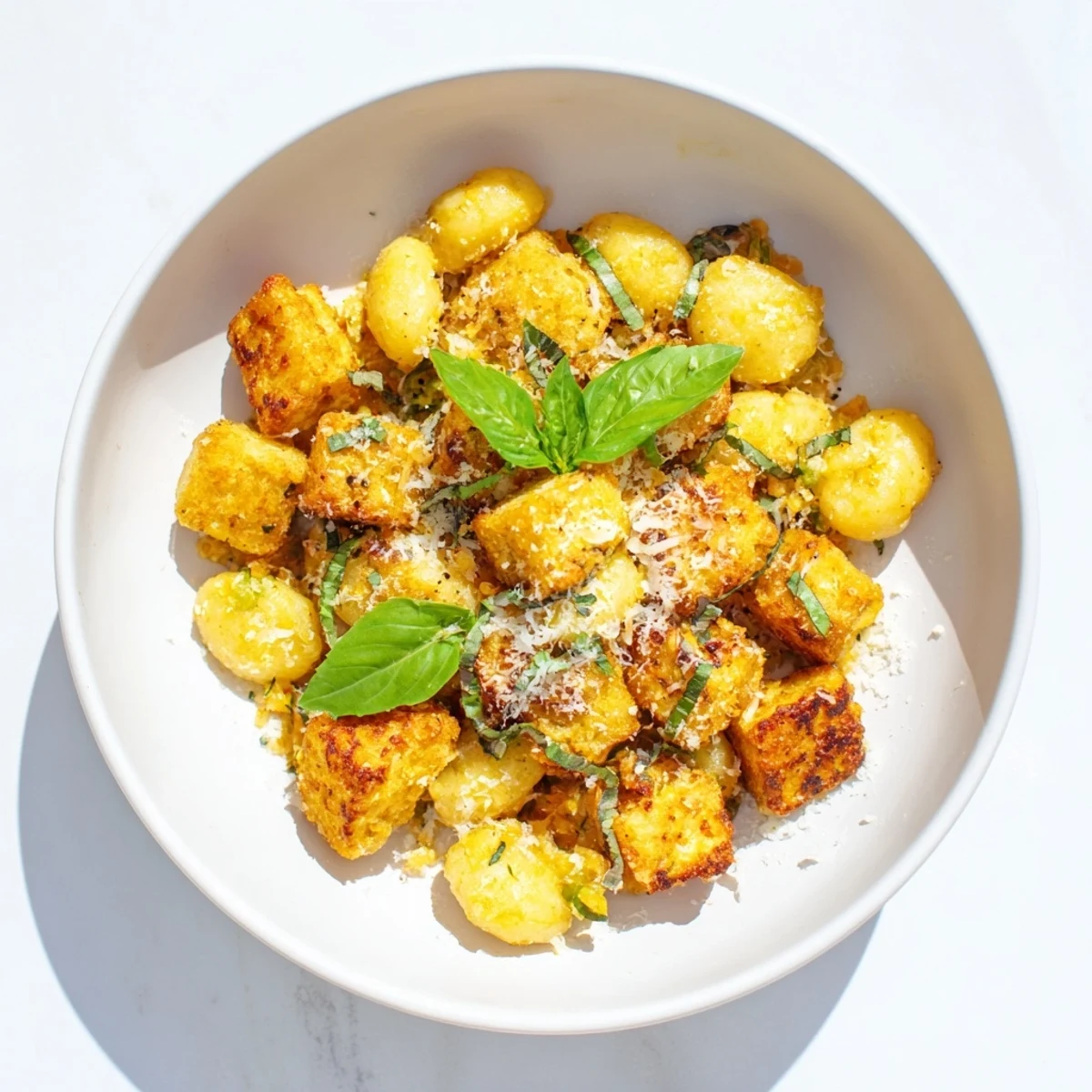 Golden Marry Me crispy tofu with gnocchi in creamy sun-dried tomato sauce