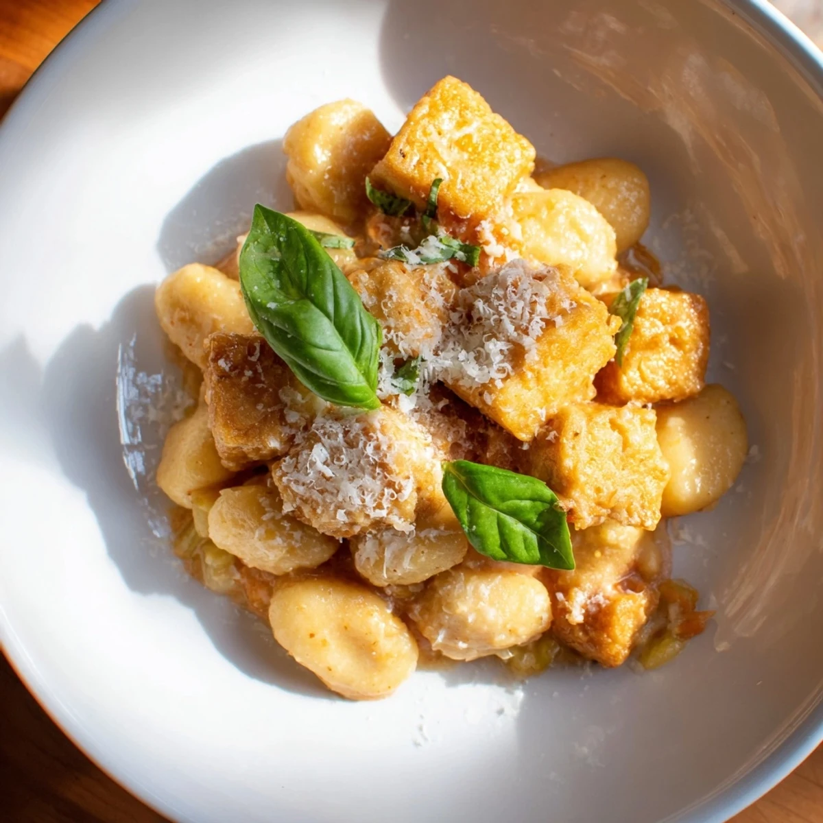 Bowl of Marry Me crispy tofu with pillowy gnocchi and fresh basil garnish