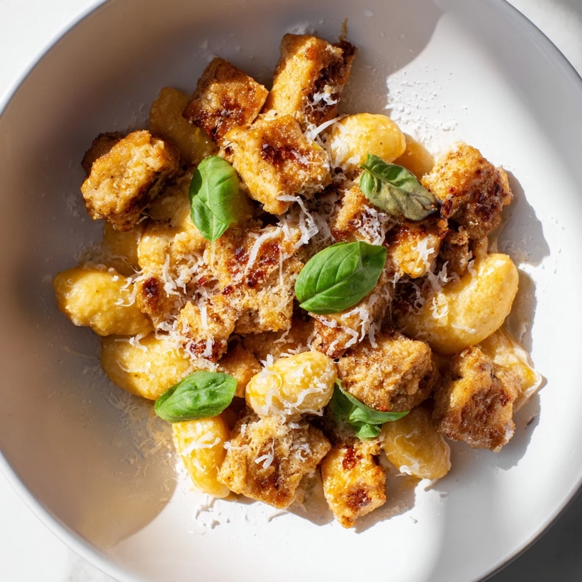 Crispy Marry Me tofu with gnocchi plated in rich creamy tomato sauce