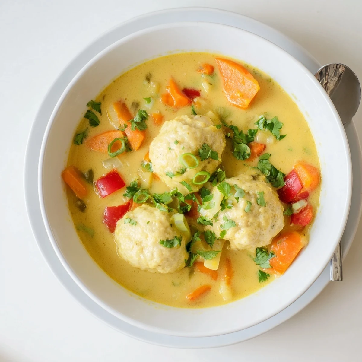 Creamy coconut curry soup with fluffy homemade dumplings, colorful vegetables, and fresh cilantro garnish in a bowl