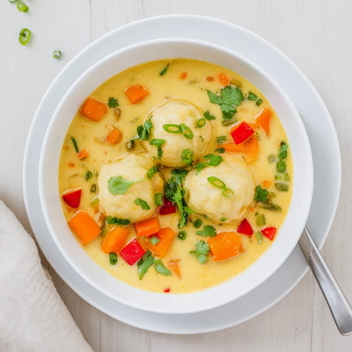 Spoon lifting fluffy dumpling from creamy coconut curry soup with zucchini, carrot, and lime wedge alongside