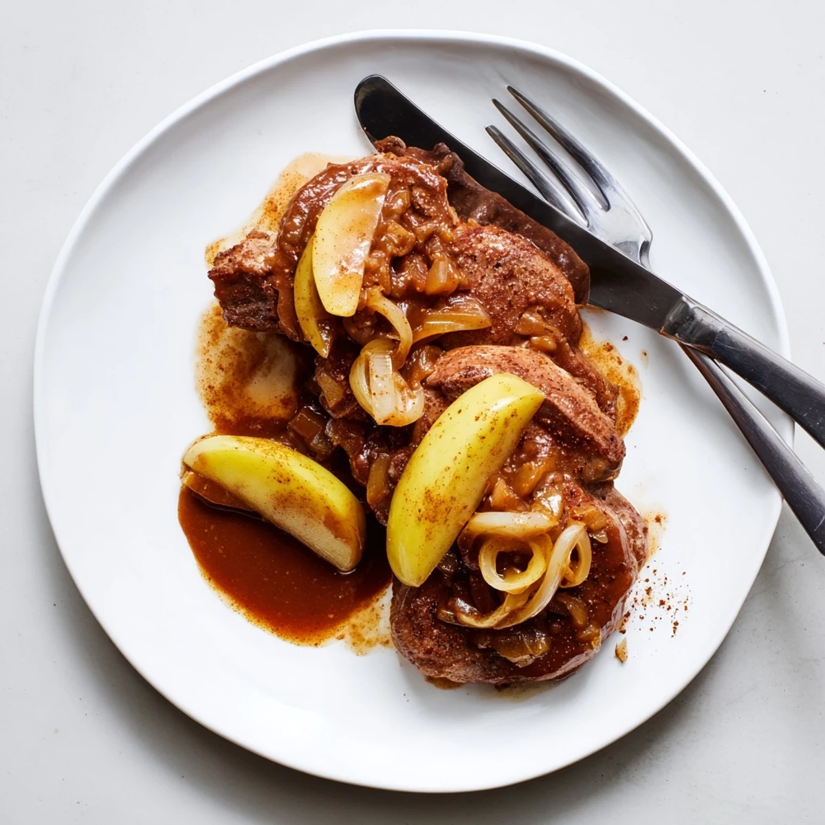 Golden seared pork chops glazed with rich apple butter sauce and tender caramelized apple slices