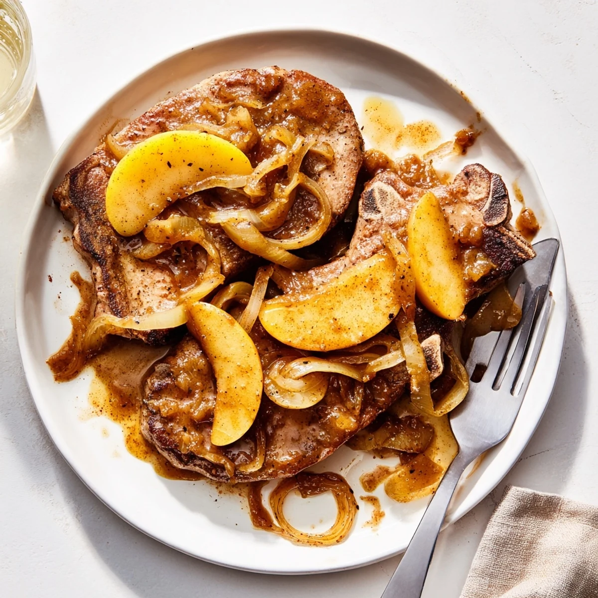 Tender Apple Butter Pork Chops served topped with sweet cinnamon apples and savory onion sauce