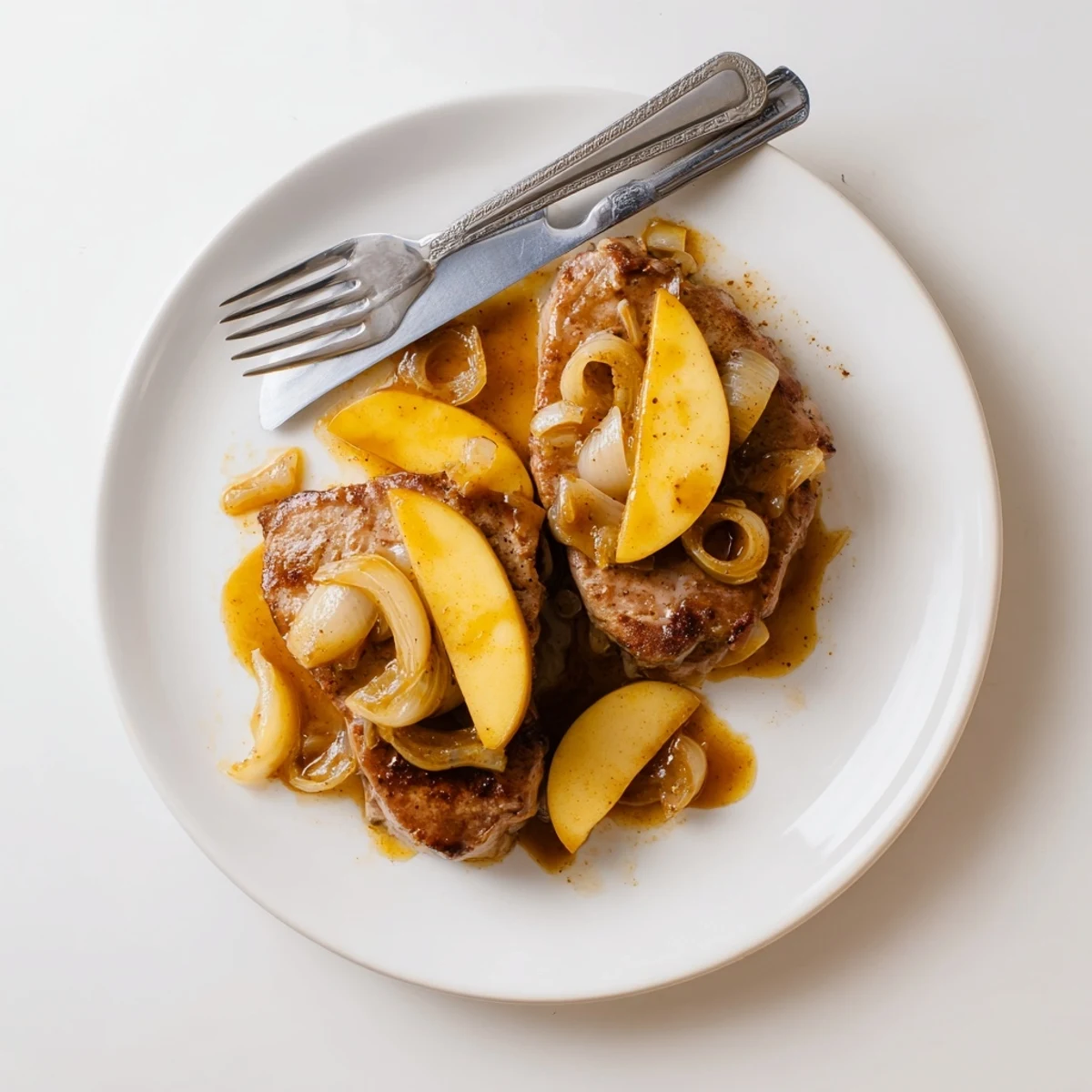 Juicy bone-in pork chops simmered in sweet apple butter glaze with soft spiced apples