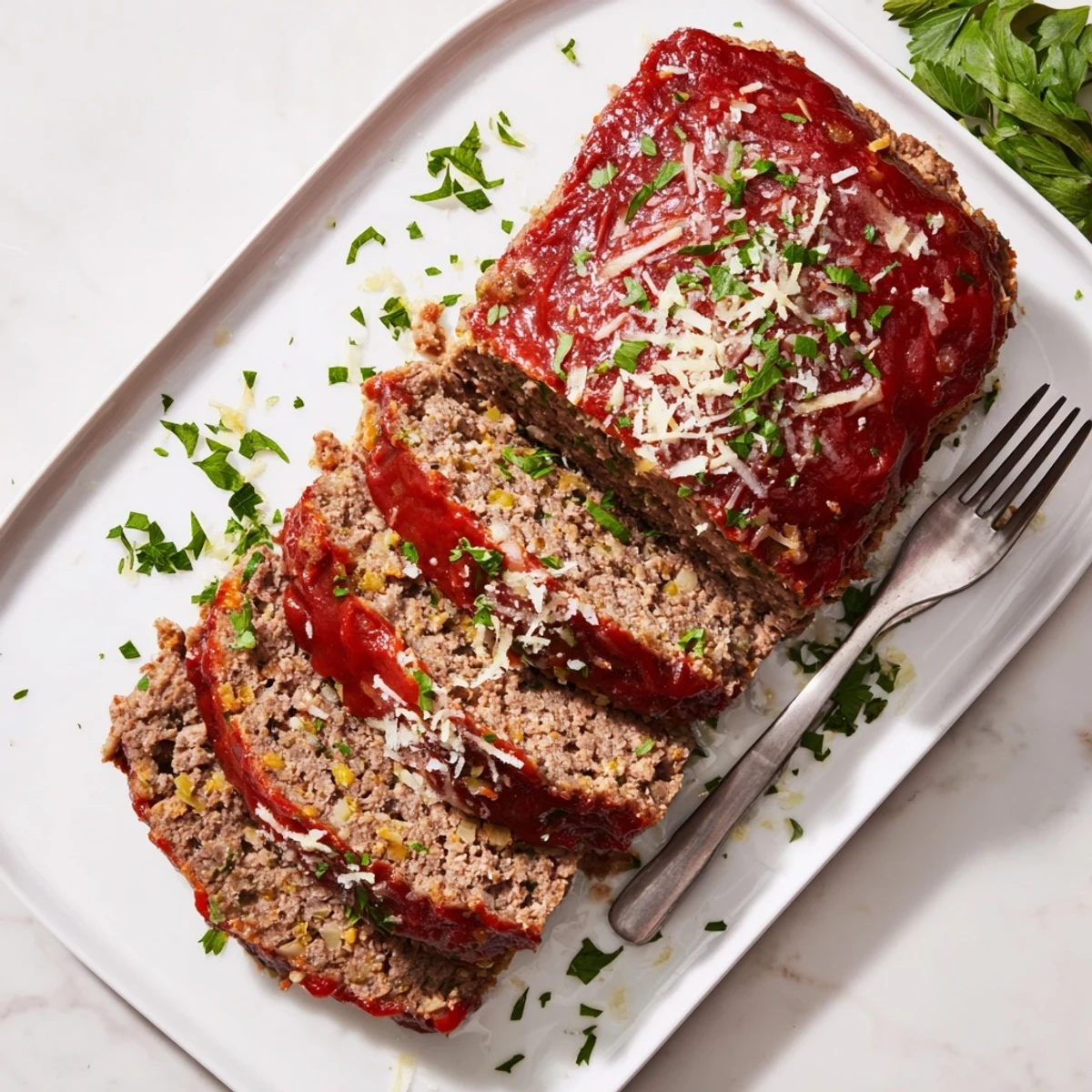 Golden brown garlic Parmesan meatloaf sliced with melted cheese topping and fresh parsley garnish