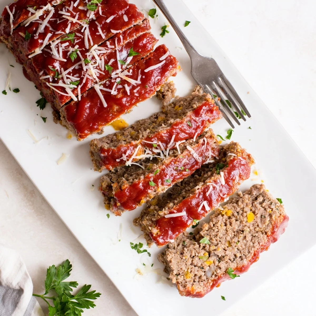 Savory meatloaf loaf glazed with tomato sauce and sprinkled with grated Parmesan on white platter