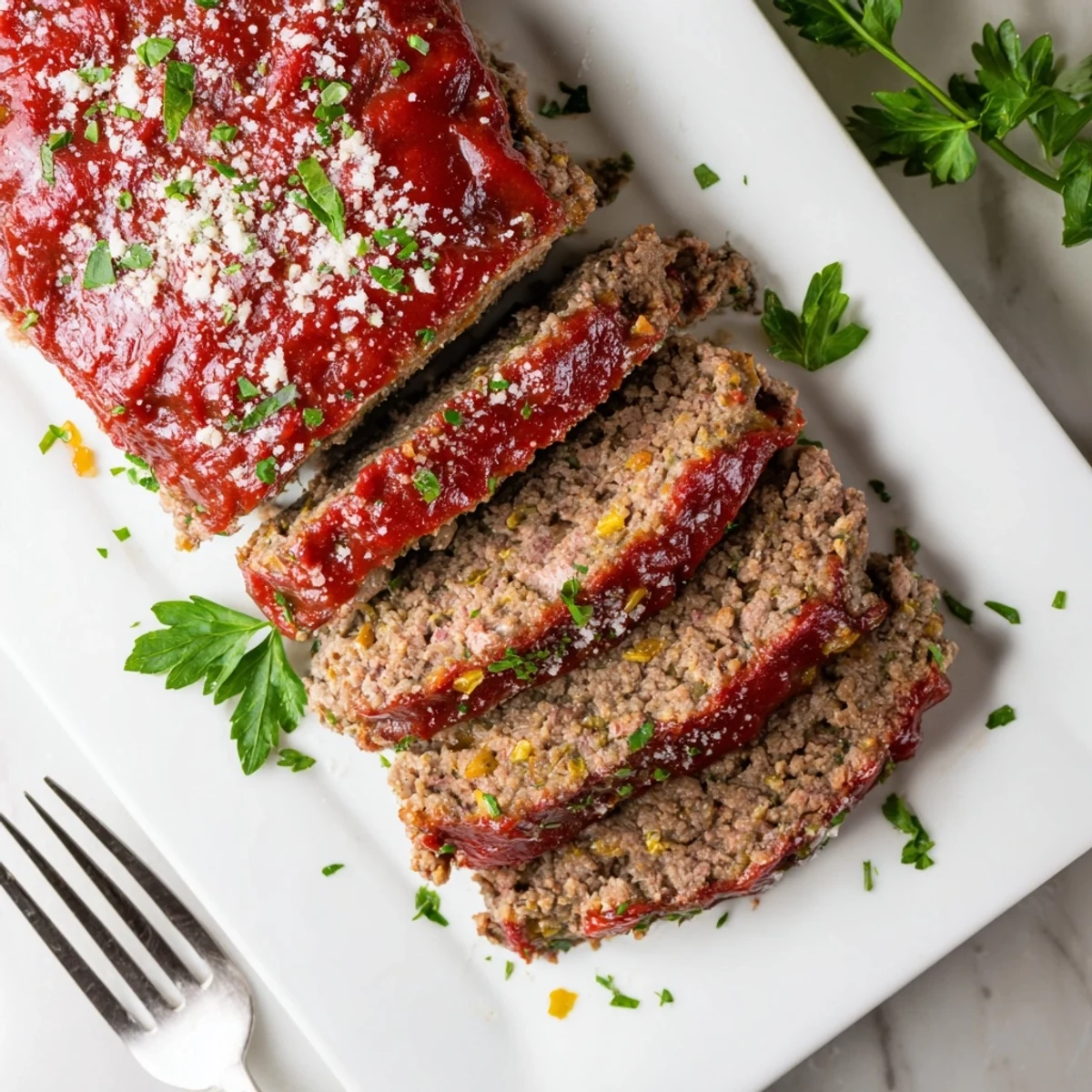 Tender garlic Parmesan meatloaf dinner plated alongside creamy mashed potatoes and roasted vegetables